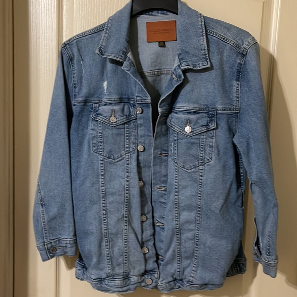 LUCKY BRAND distressed style jean jacket, size L, never worn.